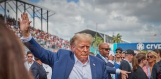 A person waving amidst a crowd at an event.